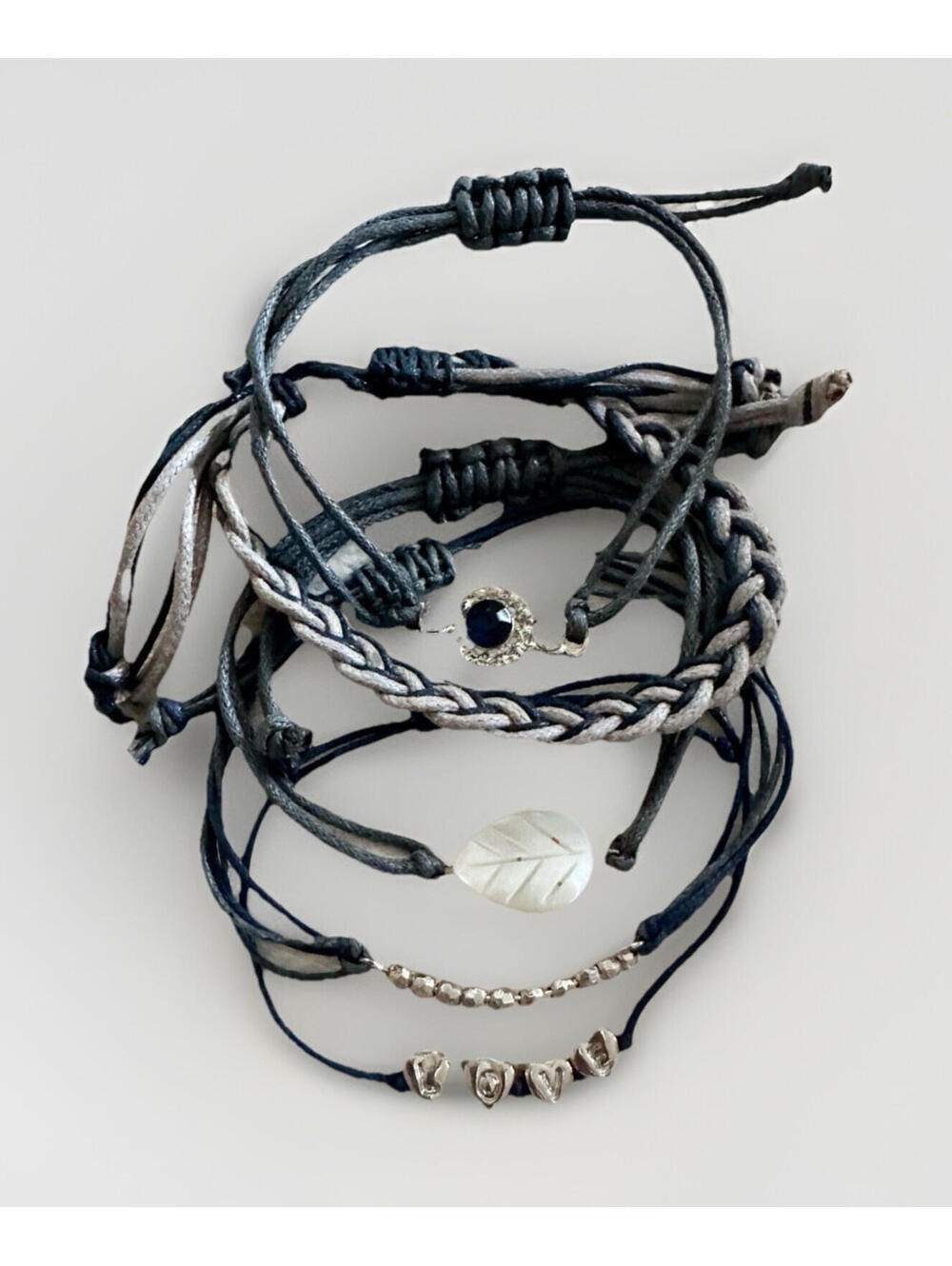 NWT Gemma Simone Navy Blue Vegan Friendship Love Silver Charm Bracelet Set of 6